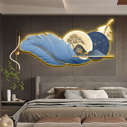 Serene Nightscape with Blue Feather and Deer LED Wall Art