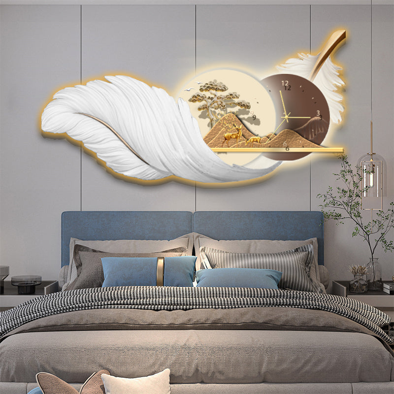 Serene Deer Landscape with Feather and Clock Wall Art