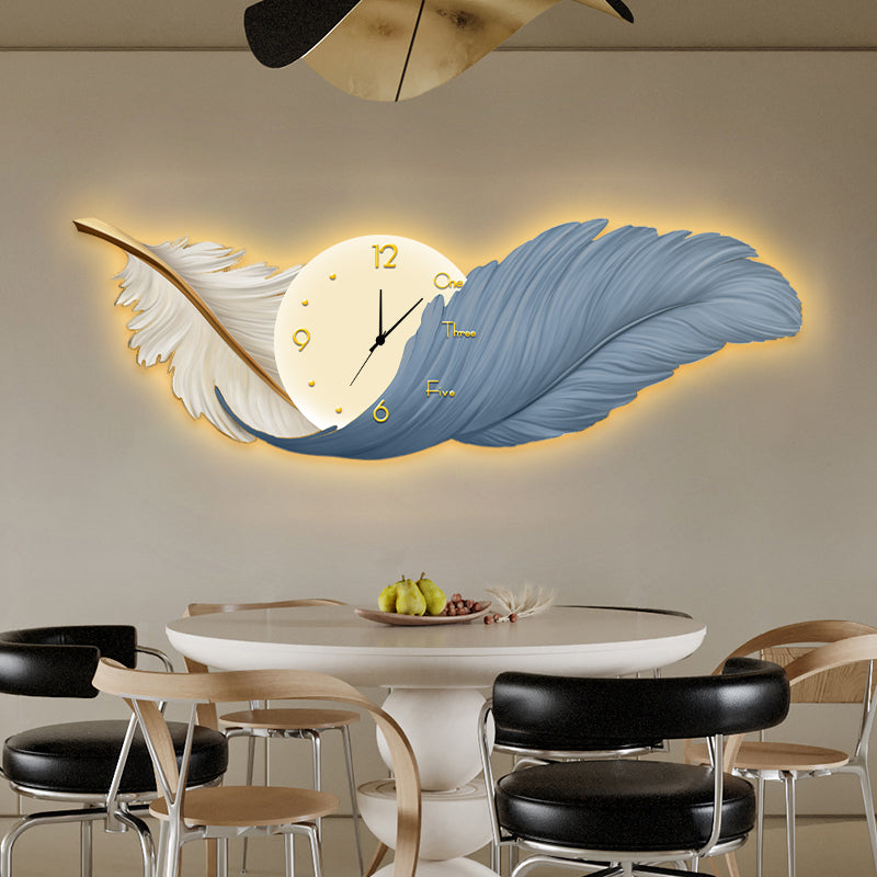 Feather Elegance Wall Art with LED Border and Clock