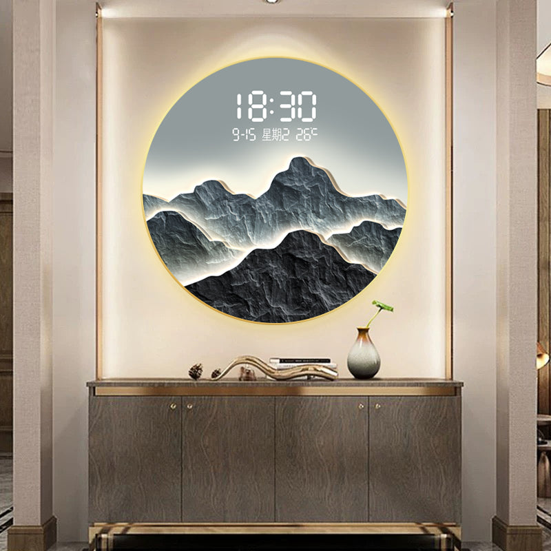 Mountain Silhouette Crystal Wall Art with LED-Backlit Digital Clock