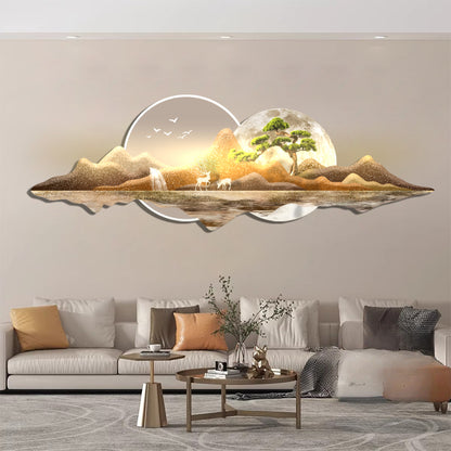 Celestial Deer: Moonlit Mountain Porcelain Wall Art