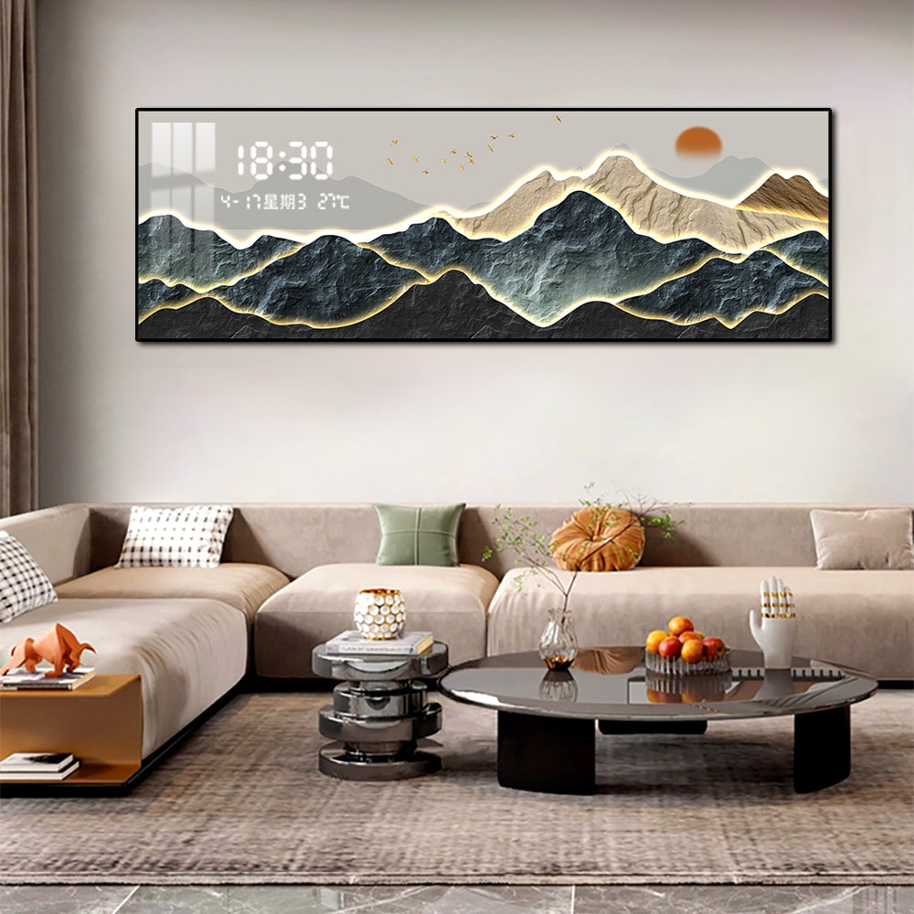 Illuminated Mountain Horizon LED Wall Art with Digital Clock