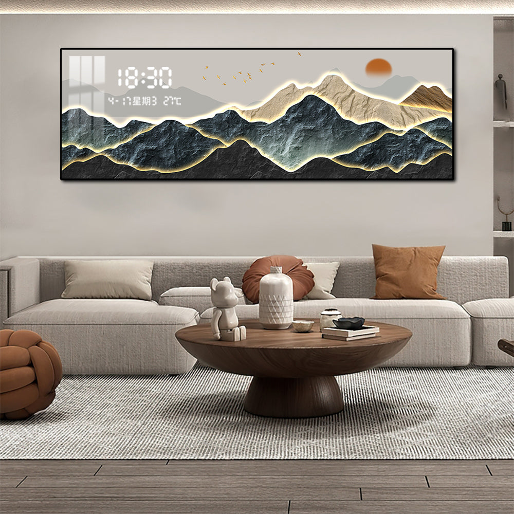 Illuminated Mountain Horizon LED Wall Art with Digital Clock
