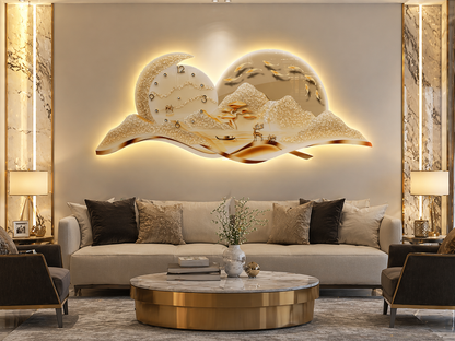Luxury LED Mountain & Moon Wall Art with Clock | 60 x 150 CM | Premium Crystal Finish | Remote Control Lighting