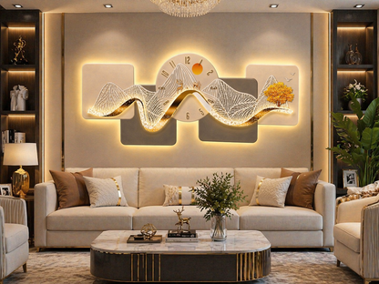 Luxury LED Mountain Wave Wall Art with Designer Clock | 60 x 150 CM | Premium Crystal Finish