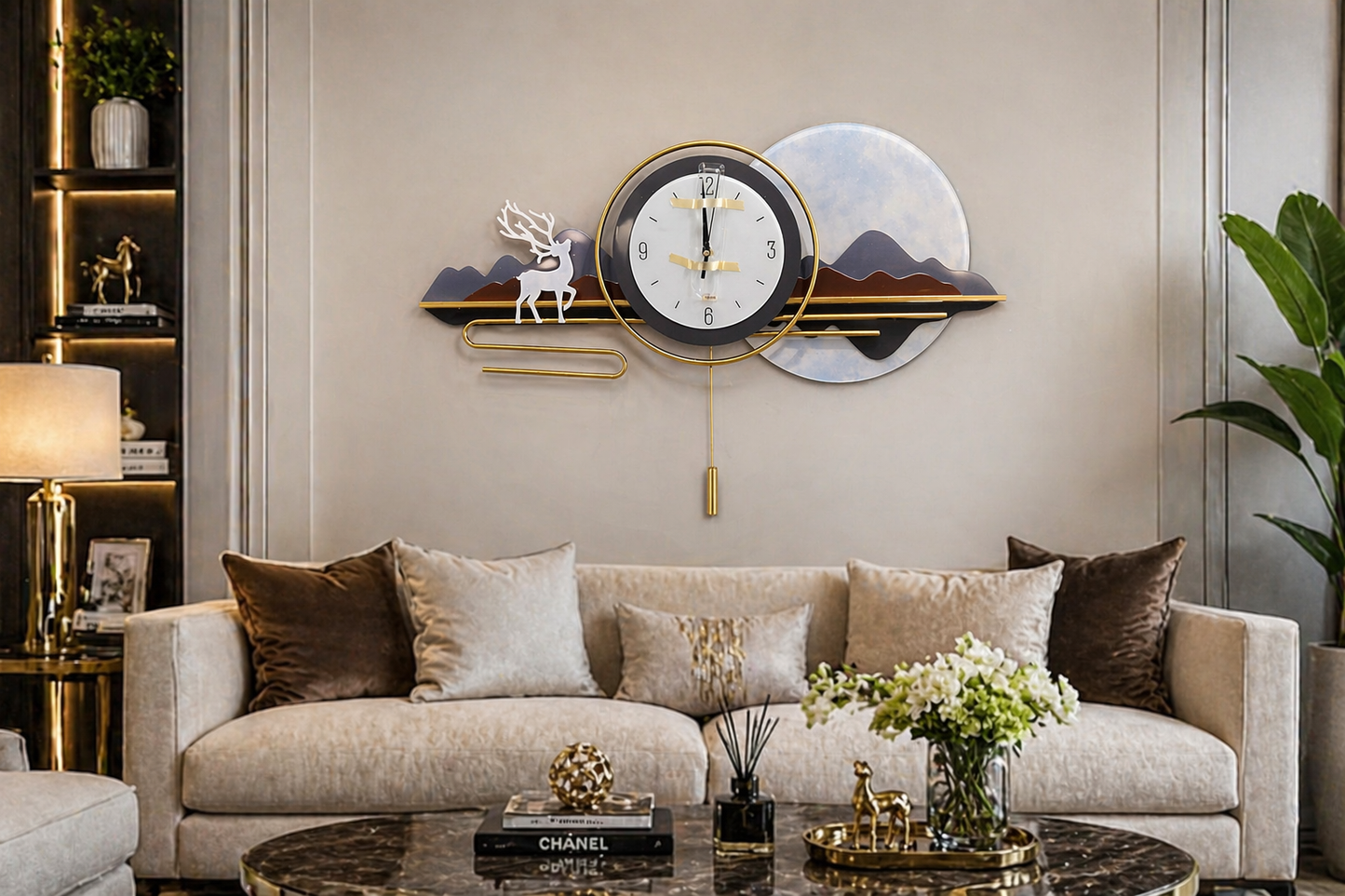 Luxury Deer Designer Wall Clock – Modern Artistic Living Room Wall Decor (80 x 55 cm)