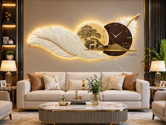 Serene Nightscape with Brown Feather and Deer LED Wall Art