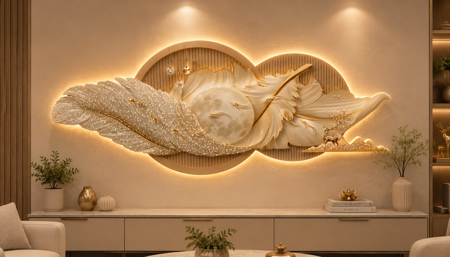 Luxury LED Feather Moon Wall Art