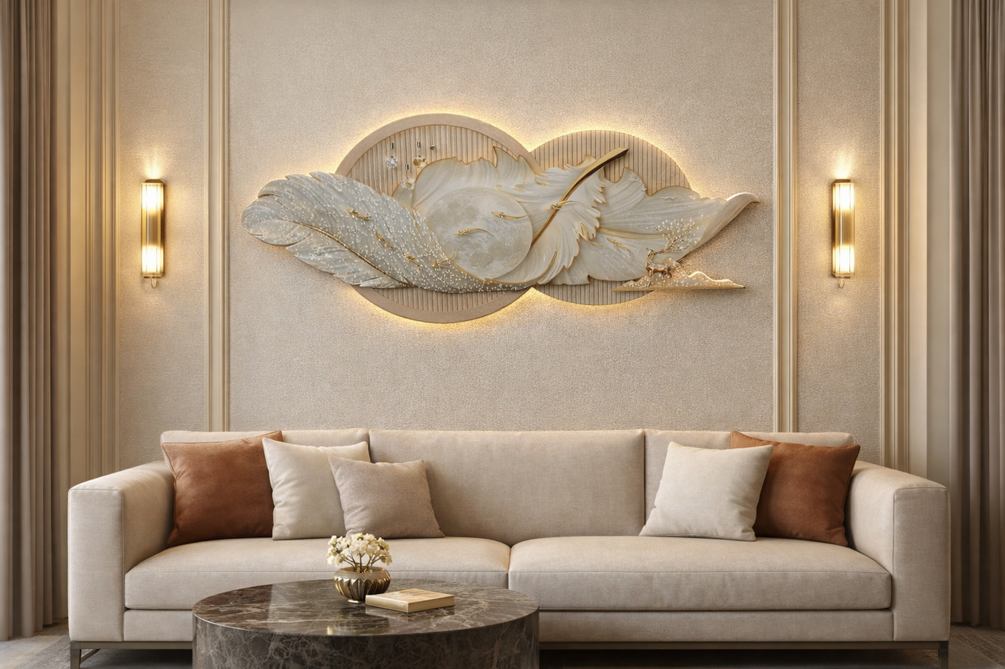 Luxury LED Feather Crystal Wall Art