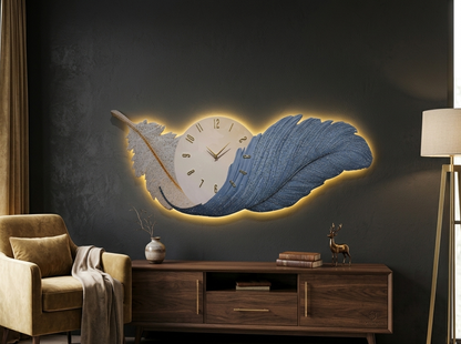 Feather Elegance Wall Art with LED Border and Clock