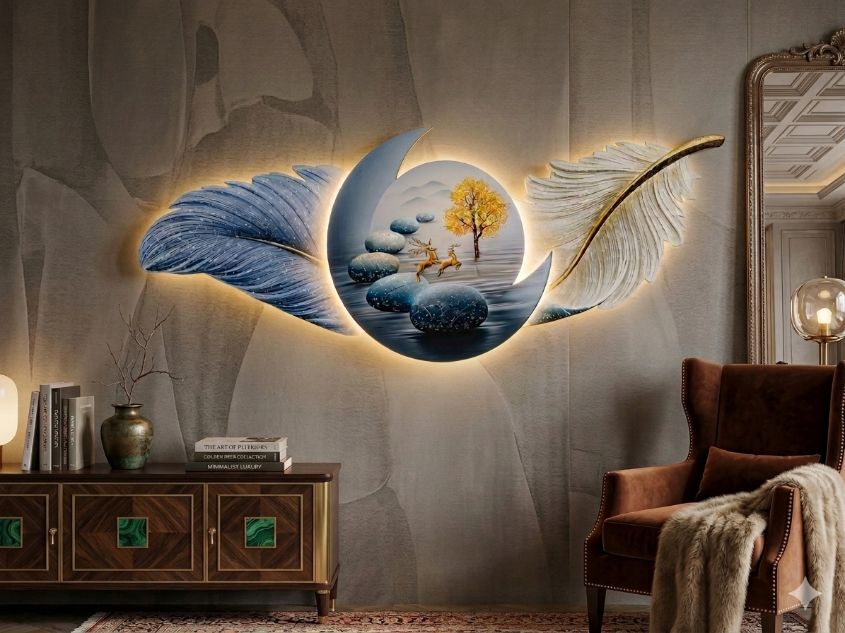 Celestial Voyage: The Feather & Deer Backlit Sculpture (60x150cm)