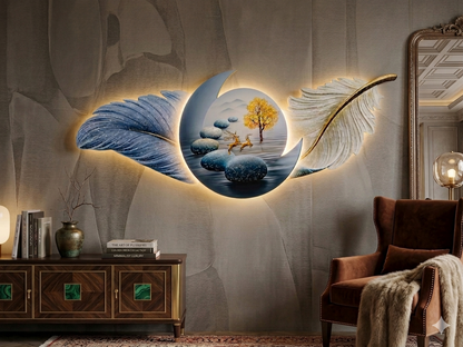 Celestial Voyage: The Feather & Deer Backlit Sculpture (60x150cm)