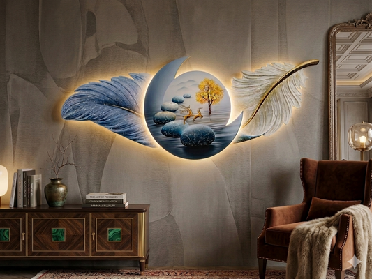 Celestial Voyage: The Feather & Deer Backlit Sculpture (60x150cm)