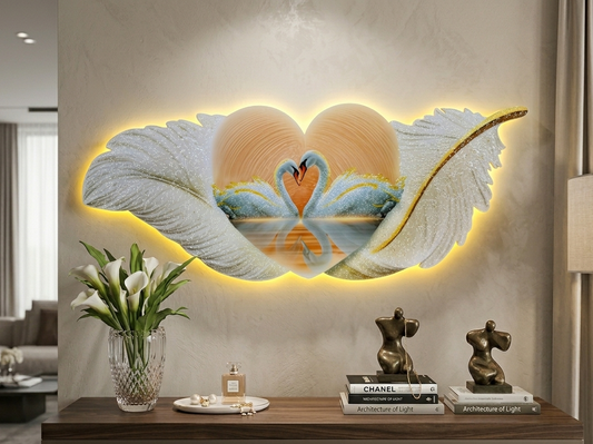 Illuminated Swan & Heart Feather Wall Sculpture with Warm LED Accent
