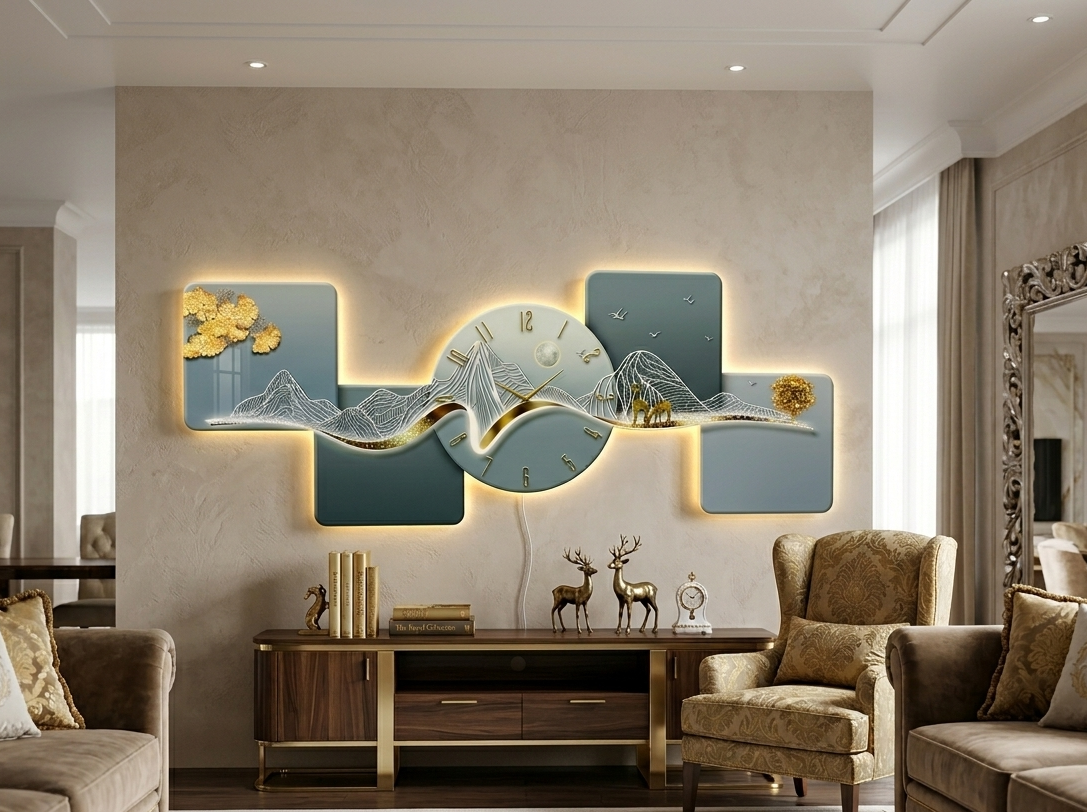 Serene Mountain Horizon: Luxury Illuminated Art & Timepiece