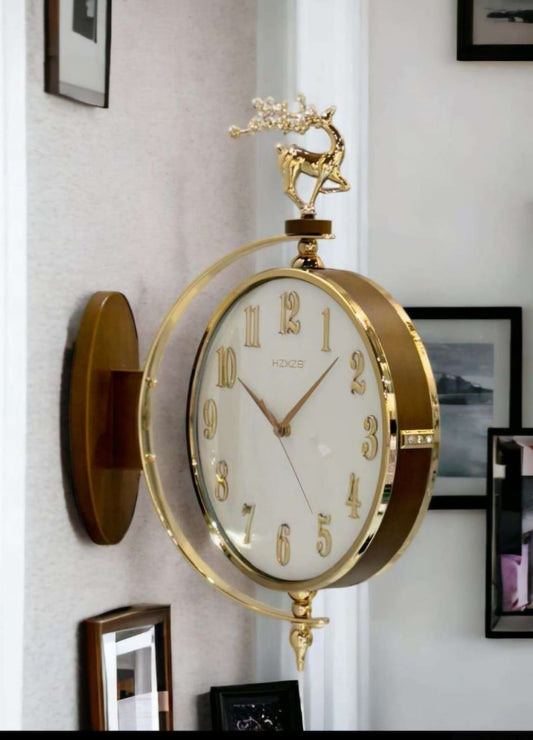 Classic Brown Double-Sided Clock with White Dial and Deer Accent