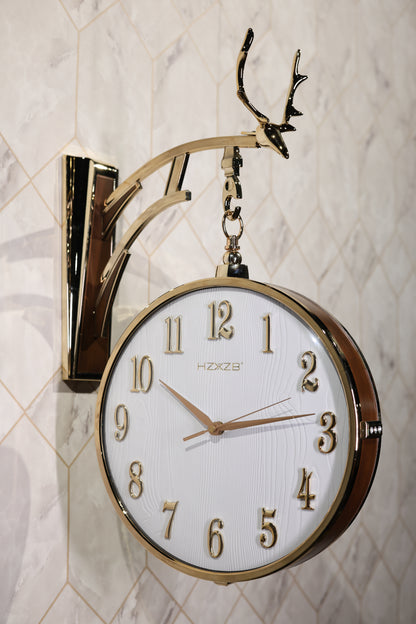 Rustic Brown & white Double-Sided Deer Head Hanging Clock