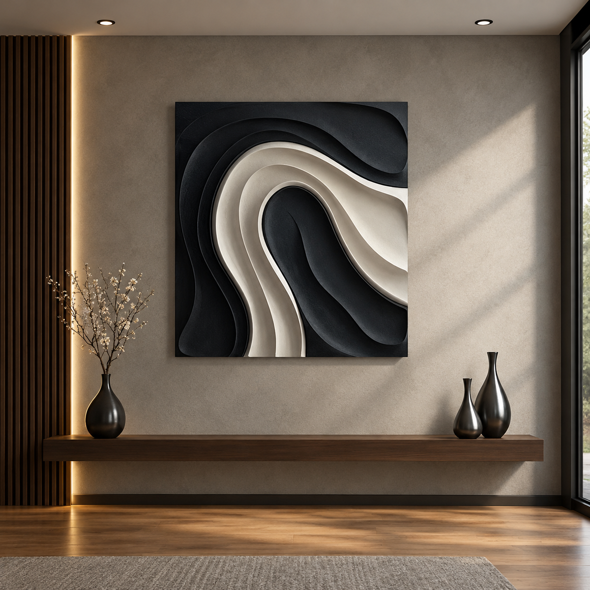 Monochrome Flow – Contemporary Handmade Textured Wall Art