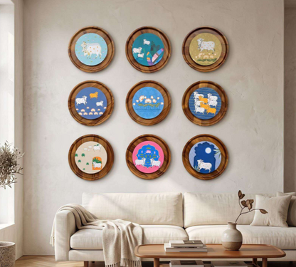 Artisanal 3D Pichwai Round Sand Art Plate Set of 9