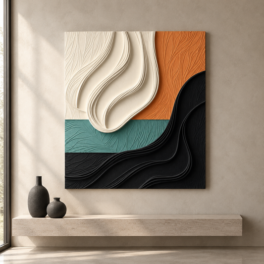 Sculptural Waves – Handmade 3D Textured Abstract Wall Art in Ivory, Terracotta, Teal & Black