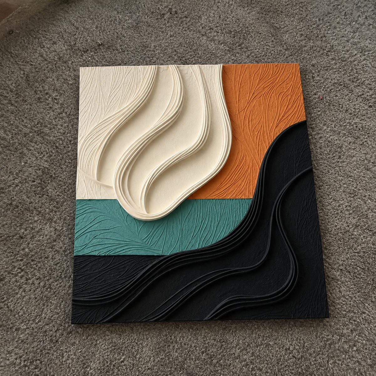 Sculptural Waves – Handmade 3D Textured Abstract Wall Art in Ivory, Terracotta, Teal & Black