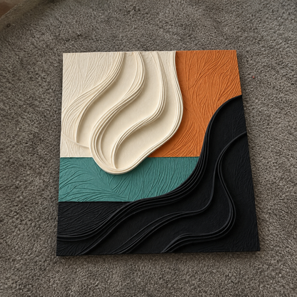 Sculptural Waves – Handmade 3D Textured Abstract Wall Art in Ivory, Terracotta, Teal & Black