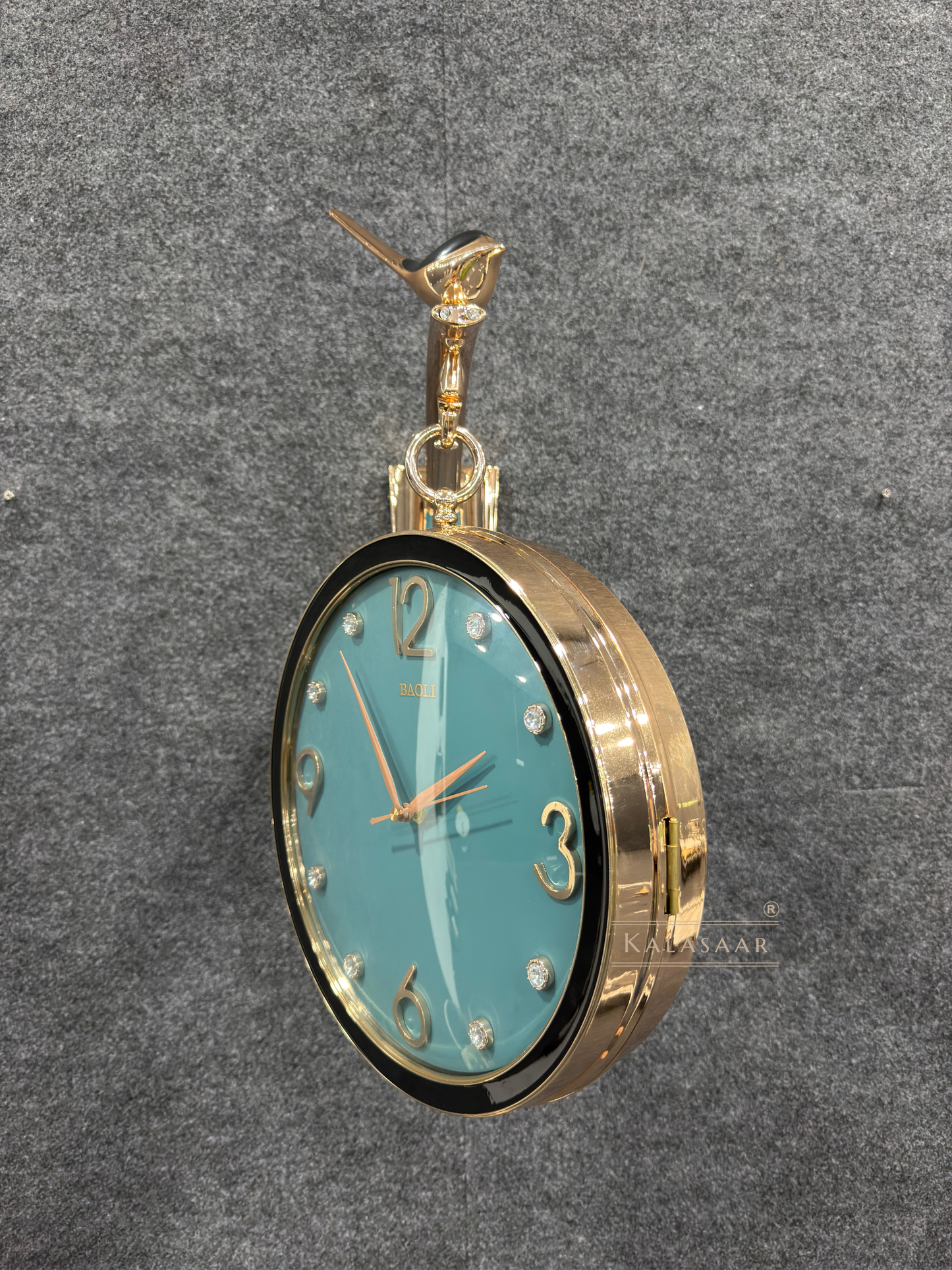 Luxury Dual-Sided Station Clock – Teal Blue Dial with Crystal Markers & Bird Accent