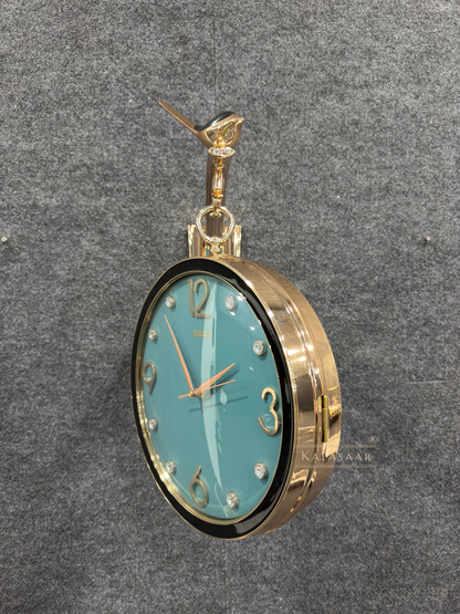 Luxury Dual-Sided Station Clock – Teal Blue Dial with Crystal Markers & Bird Accent