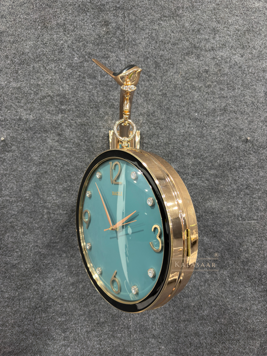 Luxury Dual-Sided Station Clock – Teal Blue Dial with Crystal Markers & Bird Accent