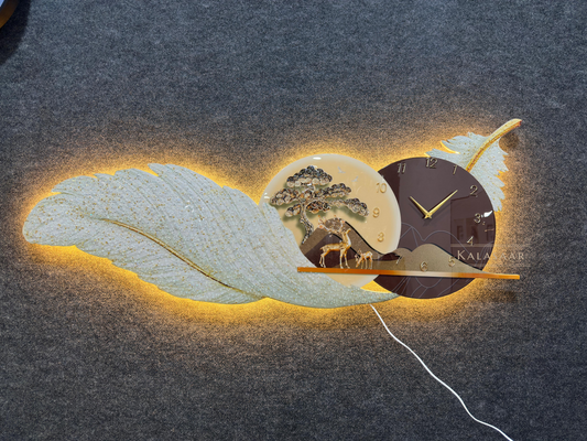 Serene Nightscape with Brown Feather and Deer LED Wall Art