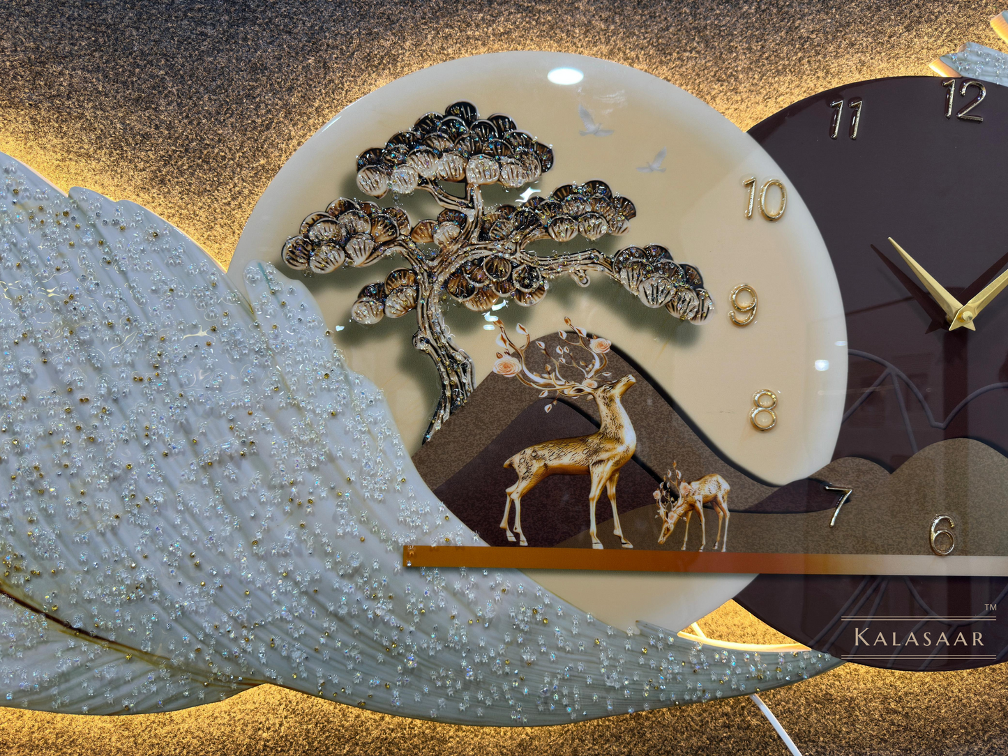Serene Nightscape with Brown Feather and Deer LED Wall Art