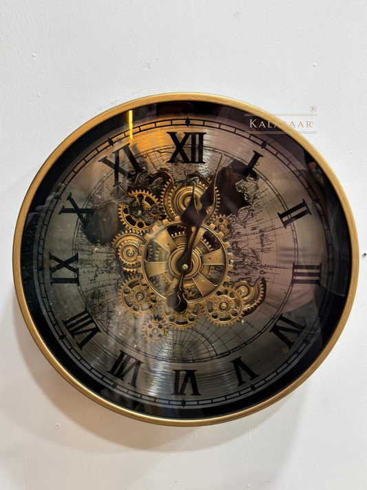 Kalasaar Decor Premium Metal Gear Wall Clock 40cm | Luxury Vintage Black Gold Designer Wall Clock