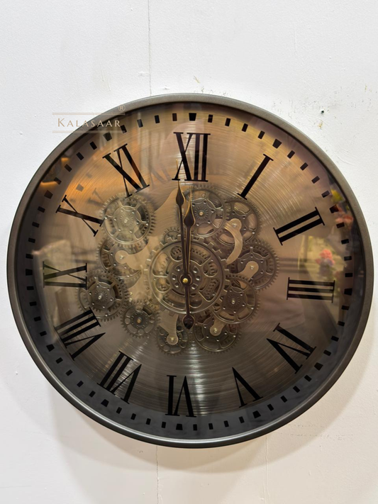 Kalasaar Decor Premium Metal Gear Wall Clock 48cm | Luxury Vintage Black Gold Designer Wall Clock with Moving Gears