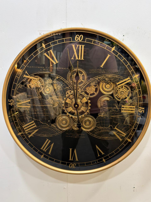 Kalasaar Decor Premium Metal Gear Wall Clock 47cm | Luxury Black Gold Vintage Designer Clock with Moving Gears