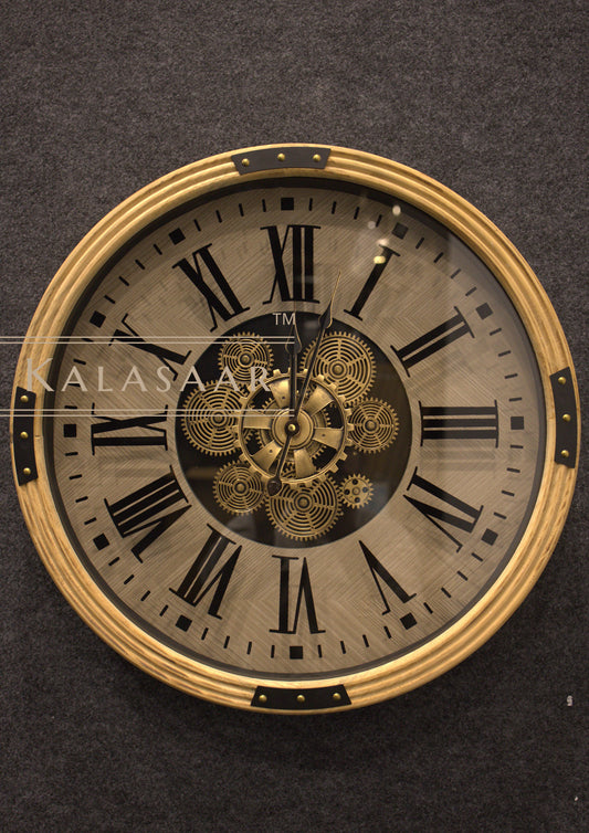 Luxury Wooden Body Metal Gear Clock with Moving Stainless Steel Gears