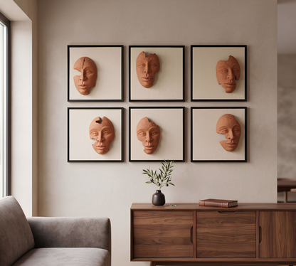 Artisanal 3D Surrealist Terracotta Face Sand Art Gallery Set 6