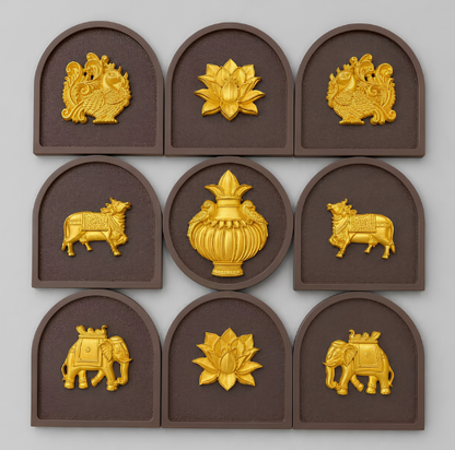 raditional Indian Temple Wall Decor – 9-Piece 3D Gold Relic Wall Hanging Set with Arched Wooden Frames