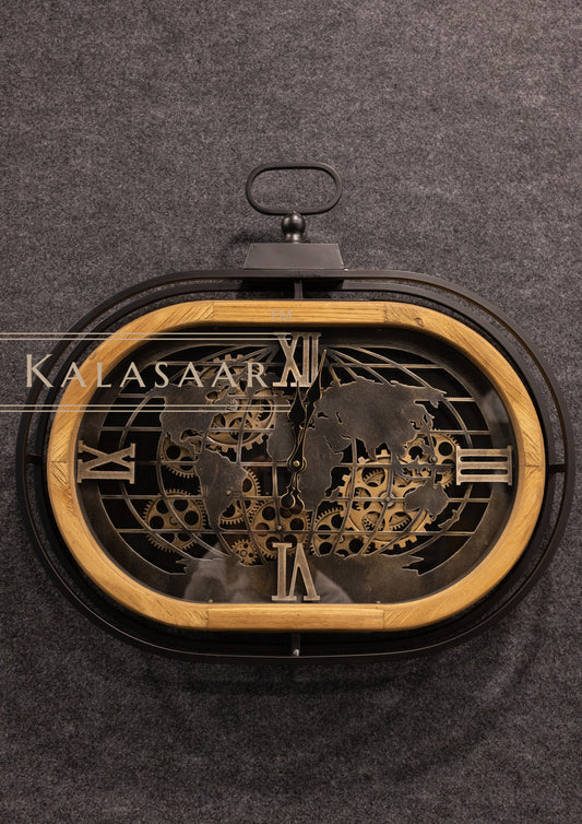 Luxury Oval Wooden Body Metal Shield Clock with World Map and Moving Gears
