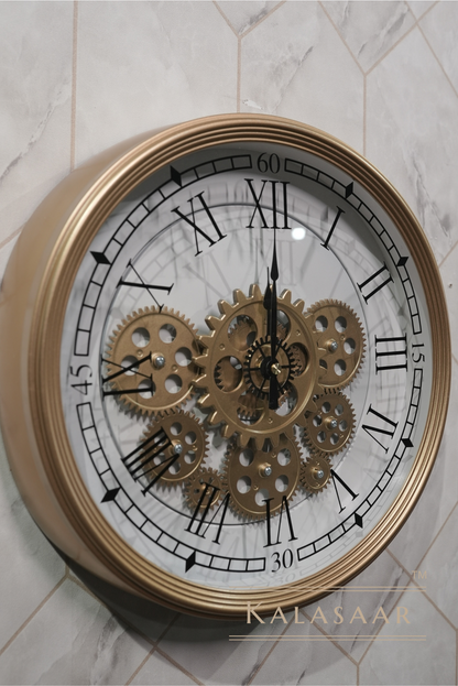 Brown-Golden Roman Numeral Gear Clock