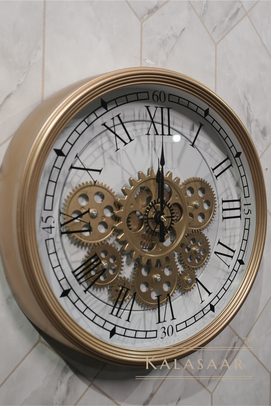 Brown-Golden Roman Numeral Gear Clock