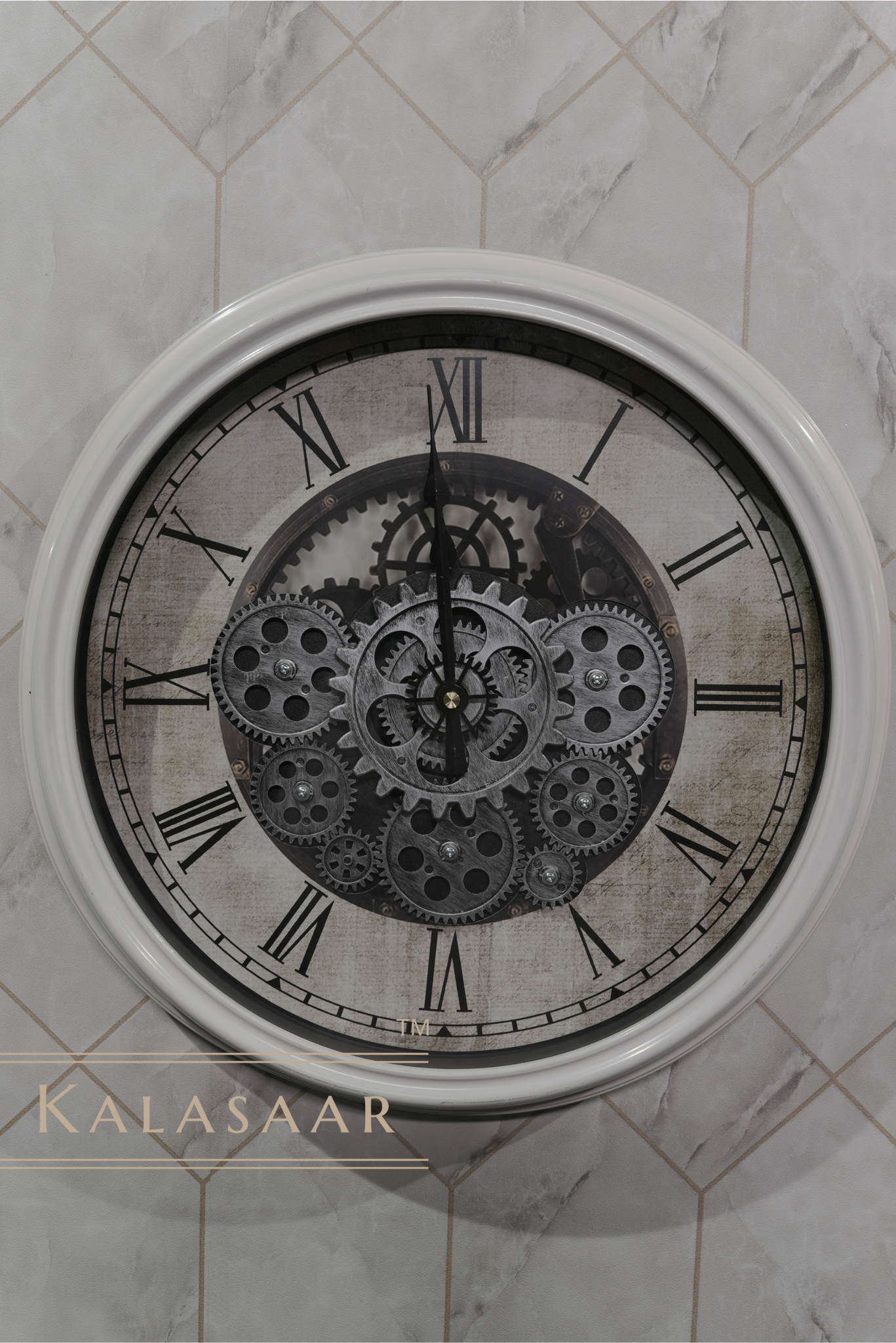 Premium Gear Clock with White Outer Ring and Silver Gears