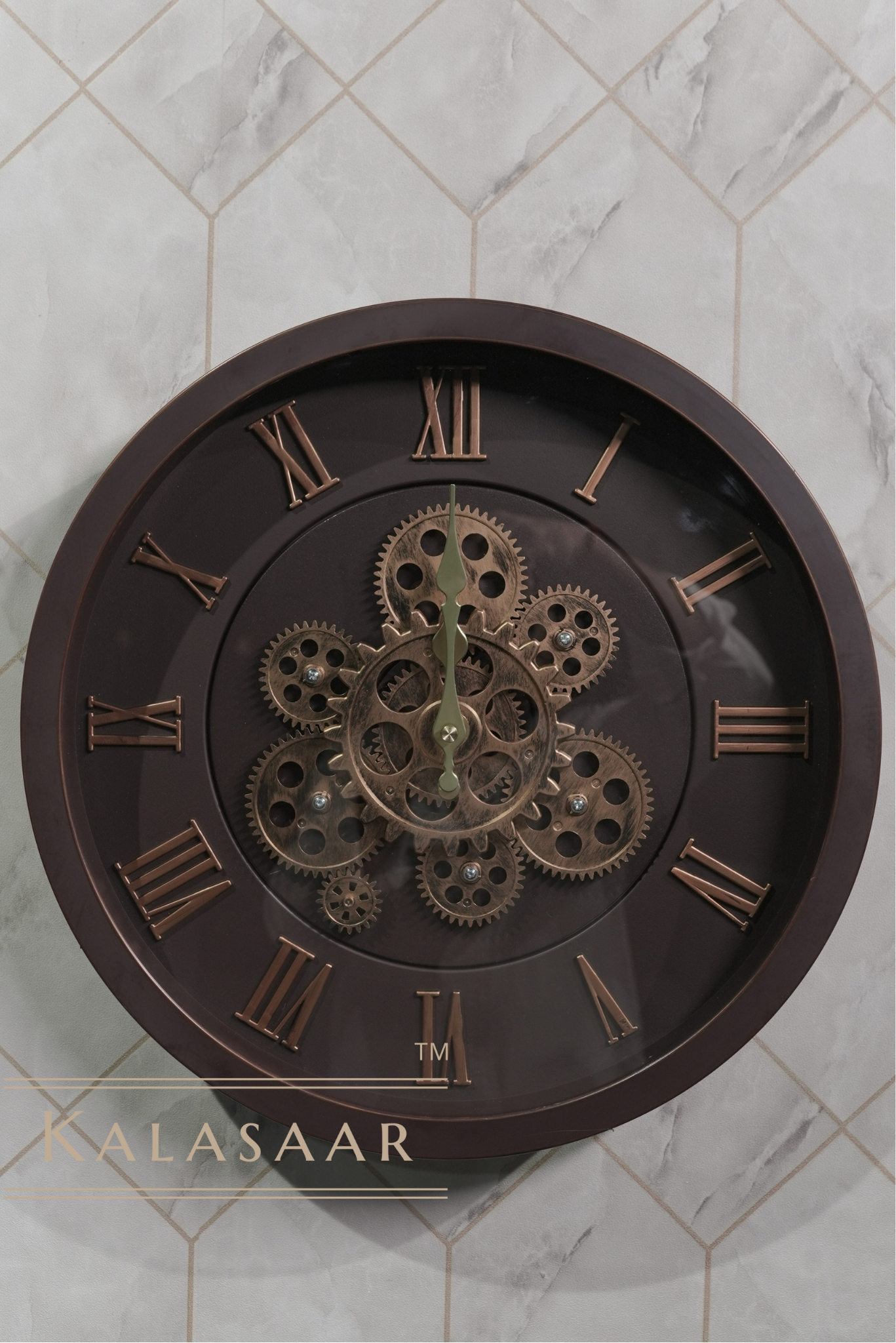 Premium Gear Clock in Dark Red with Brown Tones and Roman Numerals