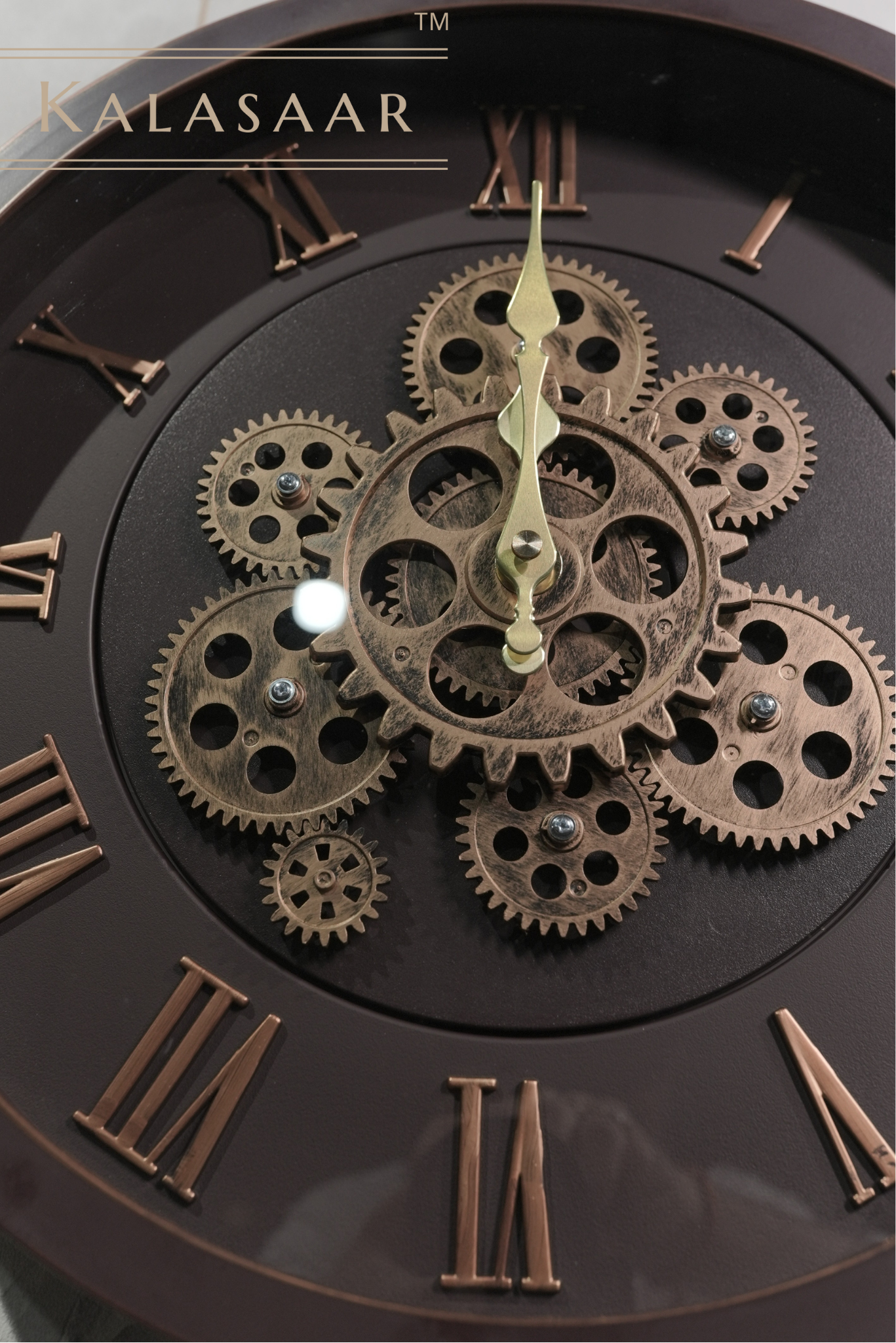 Premium Gear Clock in Dark Red with Brown Tones and Roman Numerals