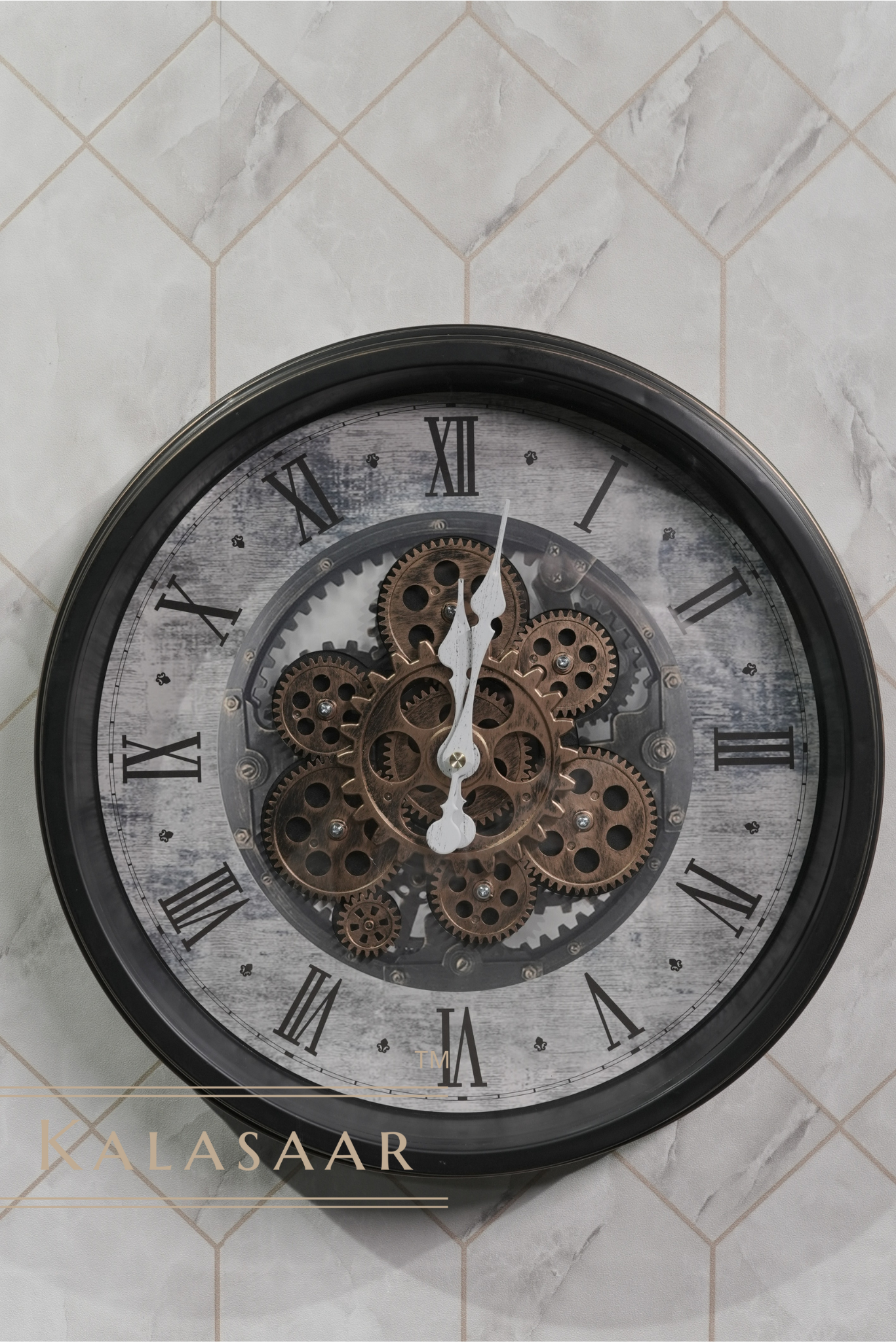 Premium Gear Clock with Black Outer Ring, Golden Strip, and White-Grey Dial