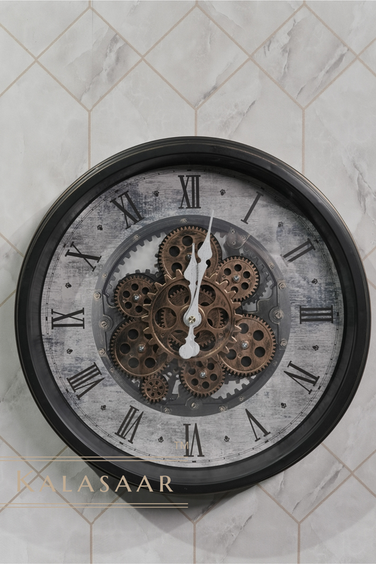 Premium Gear Clock with Black Outer Ring, Golden Strip, and White-Grey Dial