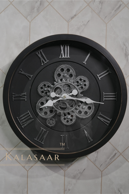 Premium Gear Clock with Black Dial, Silver Gears, and Golden Outer Strip