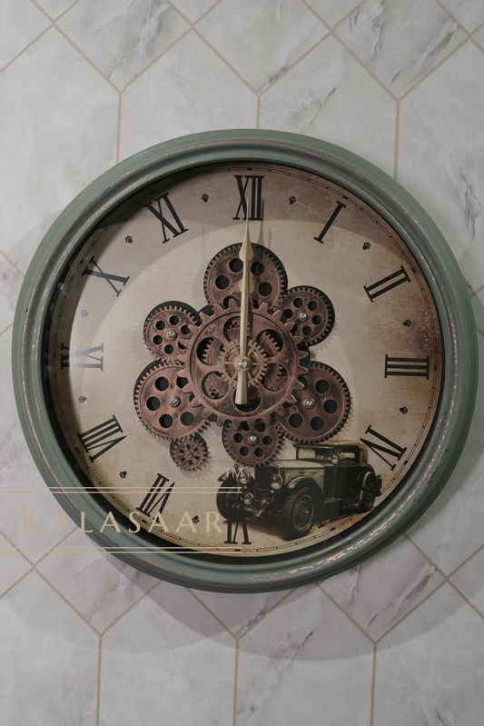 Vintage Gear Clock with Light Green Outer Body and Golden Accents