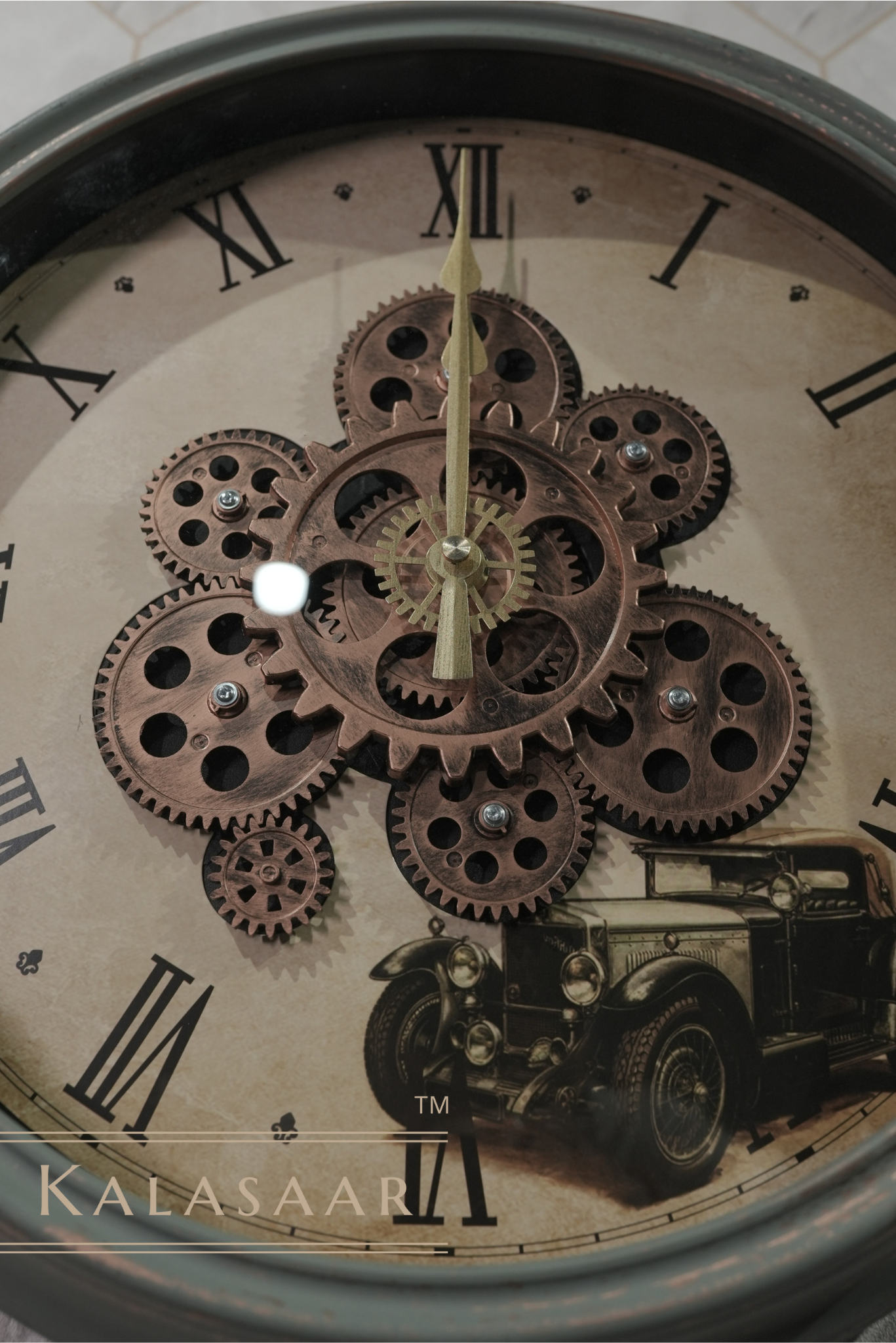 Vintage Gear Clock with Light Green Outer Body and Golden Accents