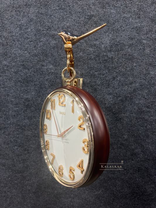 Kalasaar Decor Royal Mahogany Brown & Rose Gold Double-Sided Wall Clock with Bird Accent