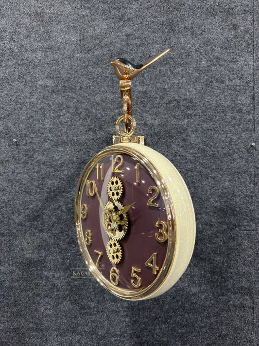 Kalasaar Decor Burgundy Double-Sided Gear Wall Clock – Premium Vintage Design with Working Gears & Bird Accent